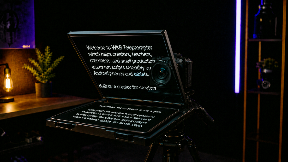 Teleprompter glass setup with a camera and script screen